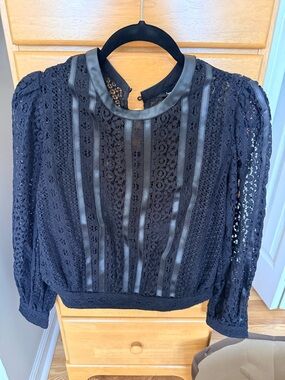 Express Black Lace Blouse with Faux Leather Trim